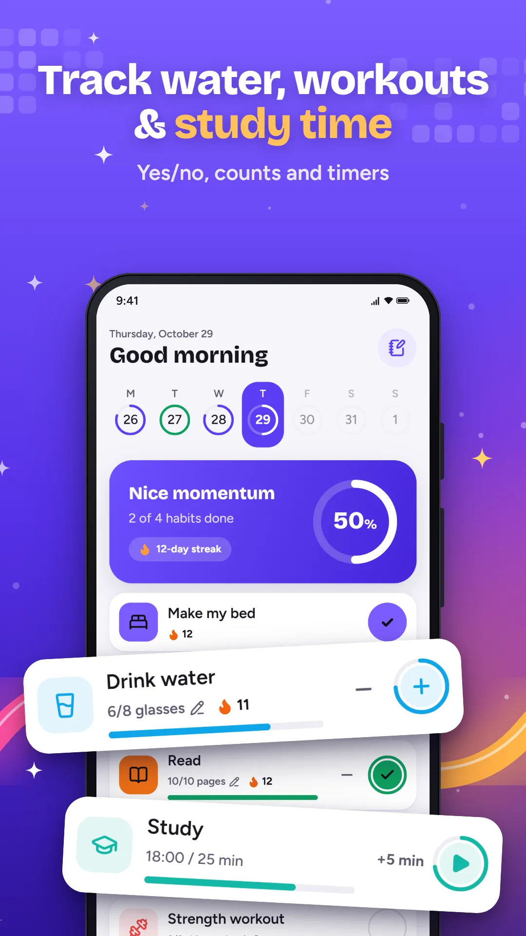 Track water, workouts and study time: count and timer habits