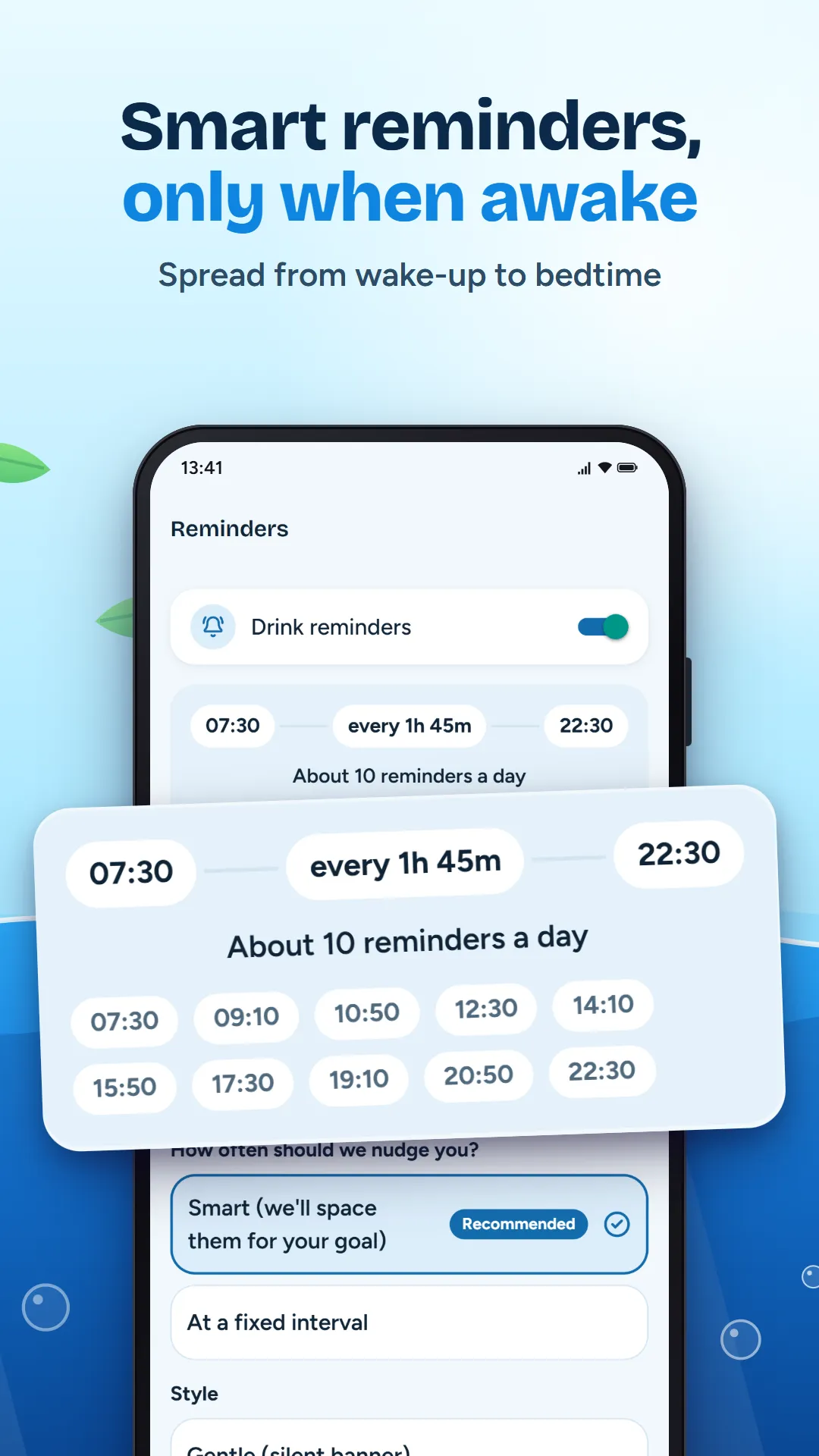 Smart reminders, only when awake: reminder settings with wake and bed times