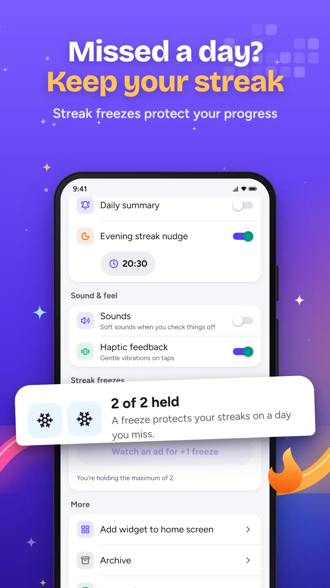 Missed a day? Keep your streak: streak freezes
